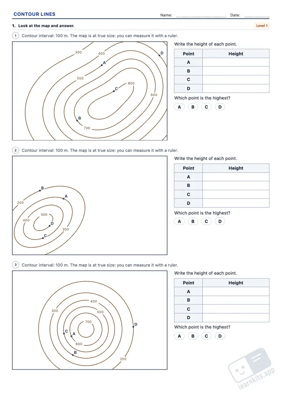 Contour Lines and Cross-Section Worksheets: sample printable A4 worksheet, first page of the student sheet