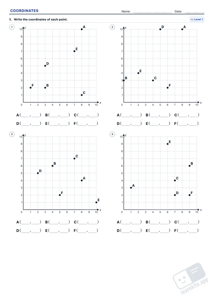 Coordinate Plane Worksheet Generator: sample printable A4 worksheet, first page of the student sheet