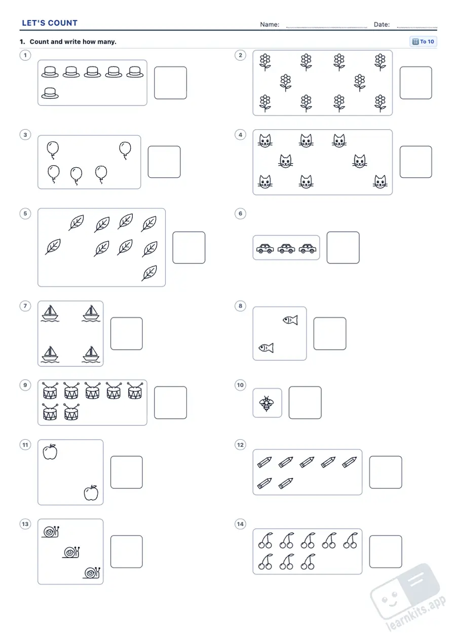 Counting Worksheet Generator: sample printable A4 worksheet, first page of the student sheet