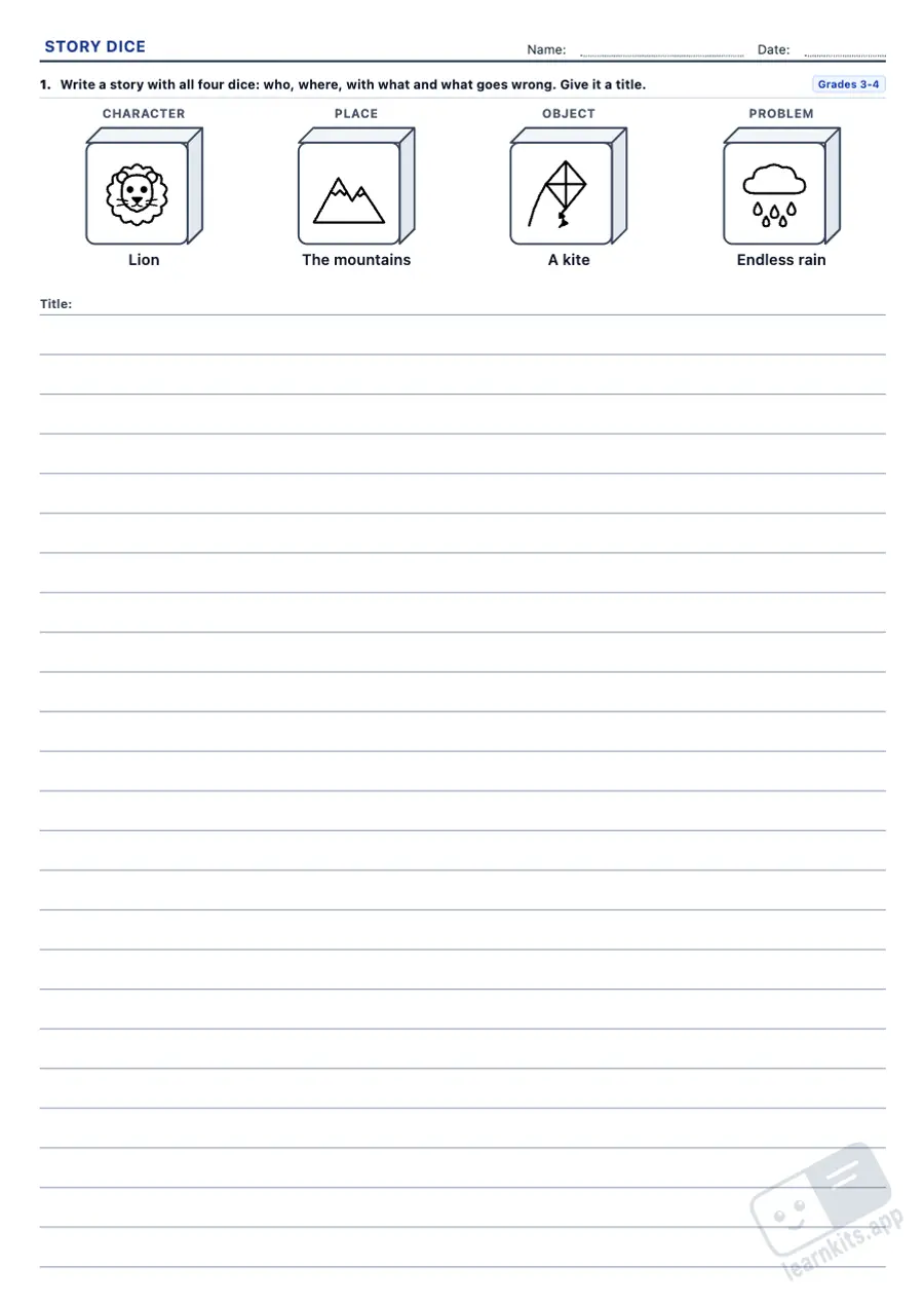 Creative Writing Prompts Worksheet Generator: sample printable A4 worksheet, first page of the student sheet