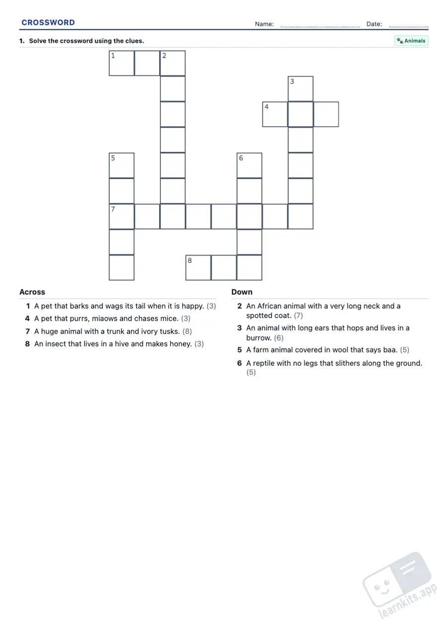 Crossword Puzzle Generator: sample printable A4 worksheet, first page of the student sheet