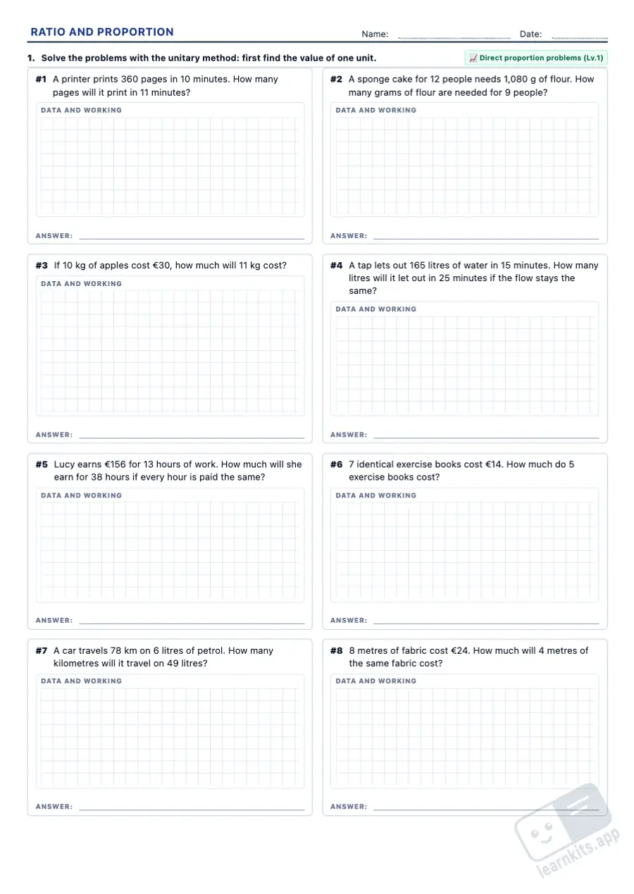 Ratio and Proportion Worksheet Generator: sample printable A4 worksheet, first page of the student sheet