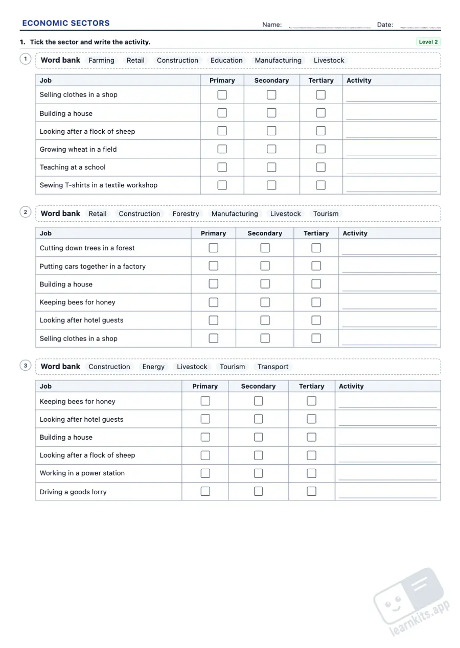 Economic Sectors and Globalisation Worksheets: sample printable A4 worksheet, first page of the student sheet