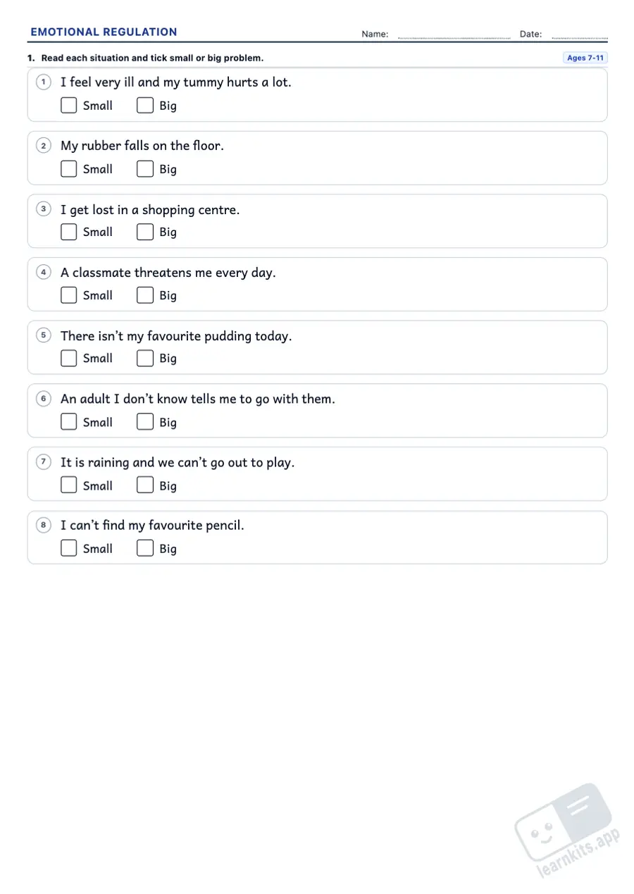 Emotional regulation worksheets: sample printable A4 worksheet, first page of the student sheet