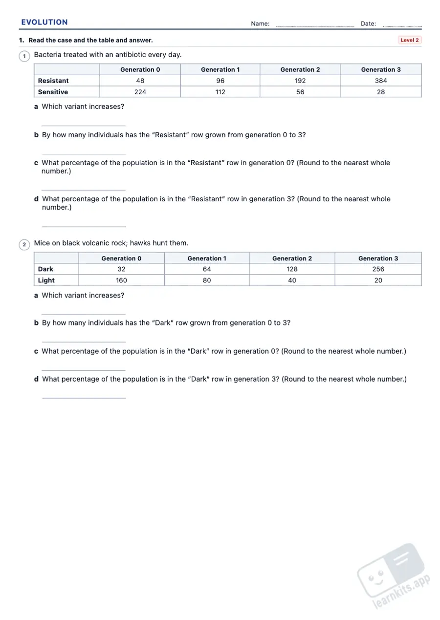 Evolution and Natural Selection Worksheets: sample printable A4 worksheet, first page of the student sheet