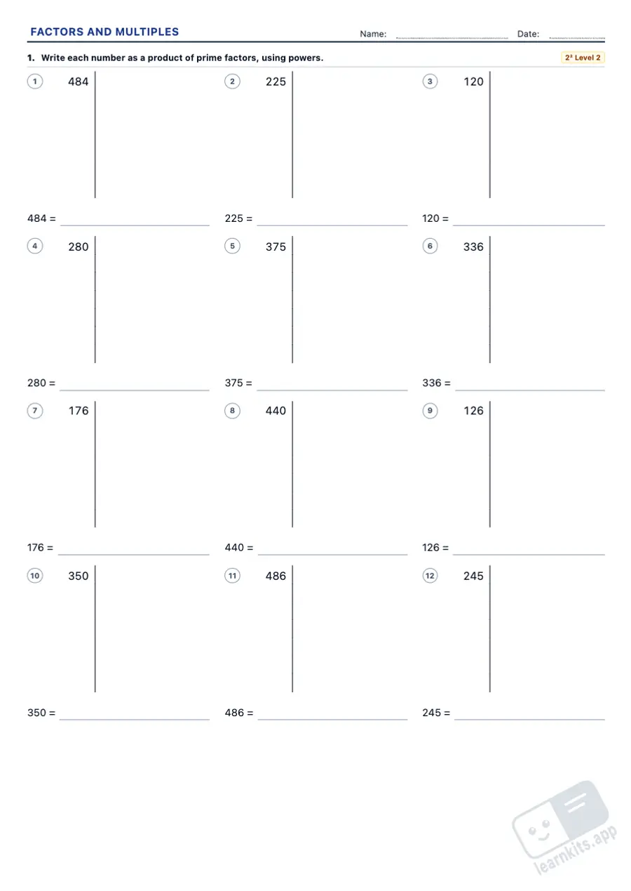 Factors and Multiples Worksheet Generator: sample printable A4 worksheet, first page of the student sheet