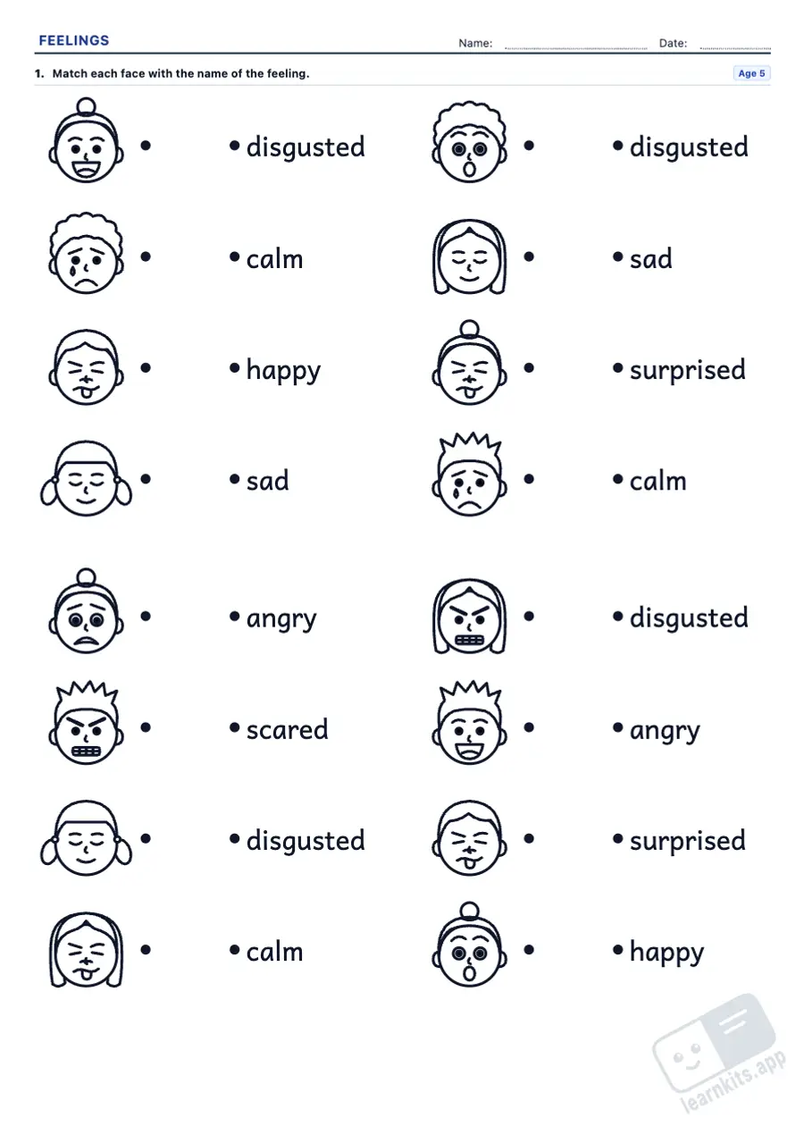 Emotions and feelings worksheets for kids: sample printable A4 worksheet, first page of the student sheet