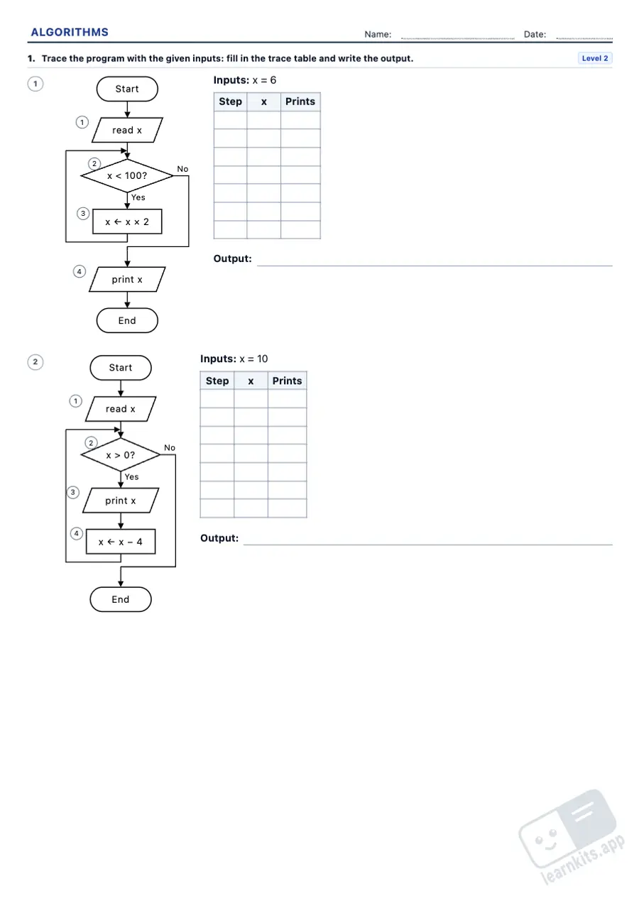 Flowchart and algorithm worksheets to print: sample printable A4 worksheet, first page of the student sheet