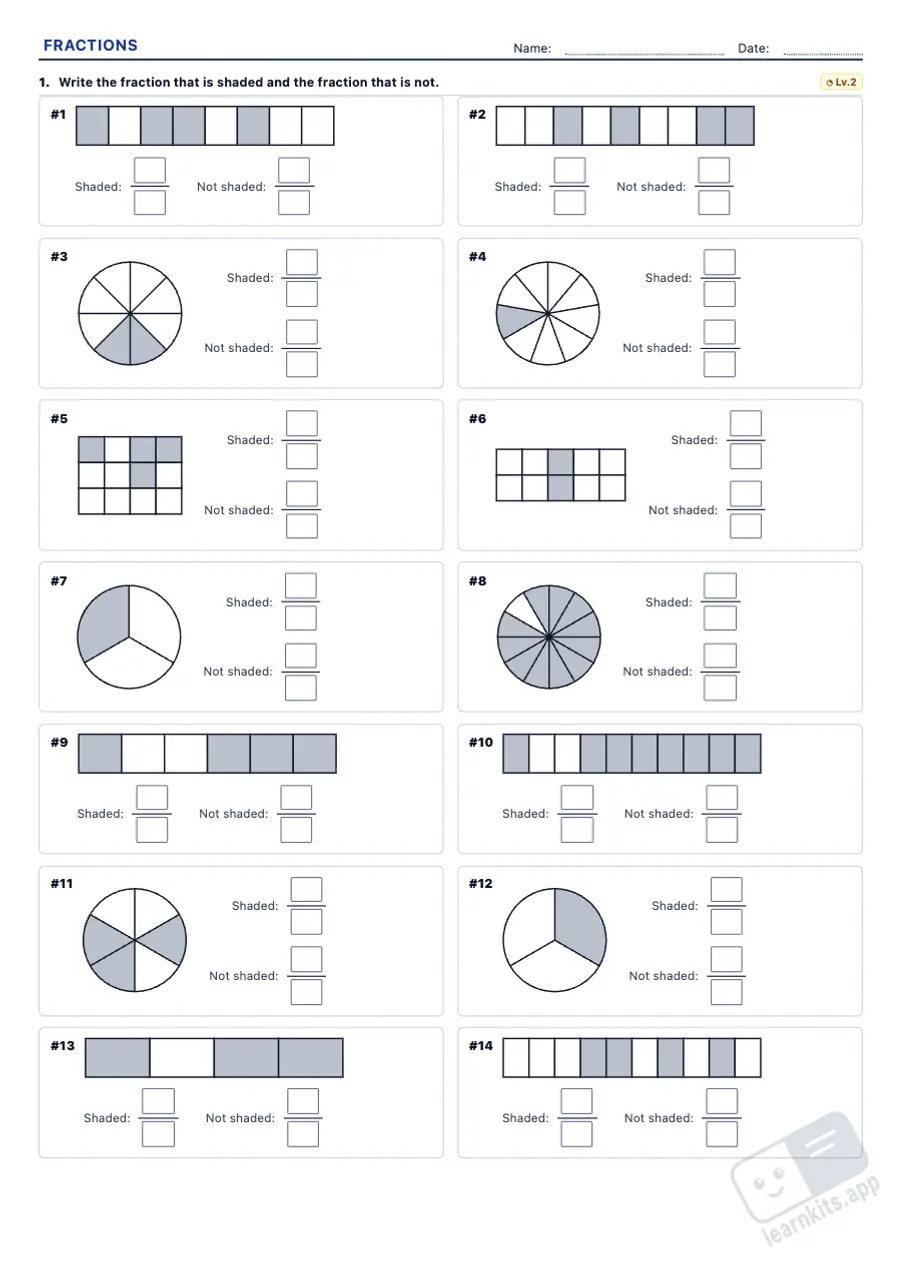 Fraction Models Worksheet Generator: sample printable A4 worksheet, first page of the student sheet