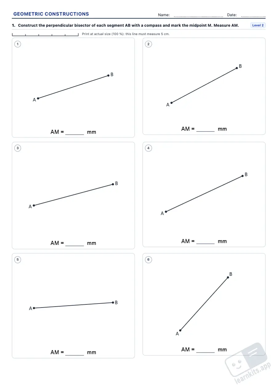 Geometric constructions with compass and ruler: sample printable A4 worksheet, first page of the student sheet