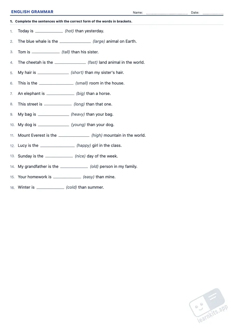 ESL grammar worksheets to print: sample printable A4 worksheet, first page of the student sheet