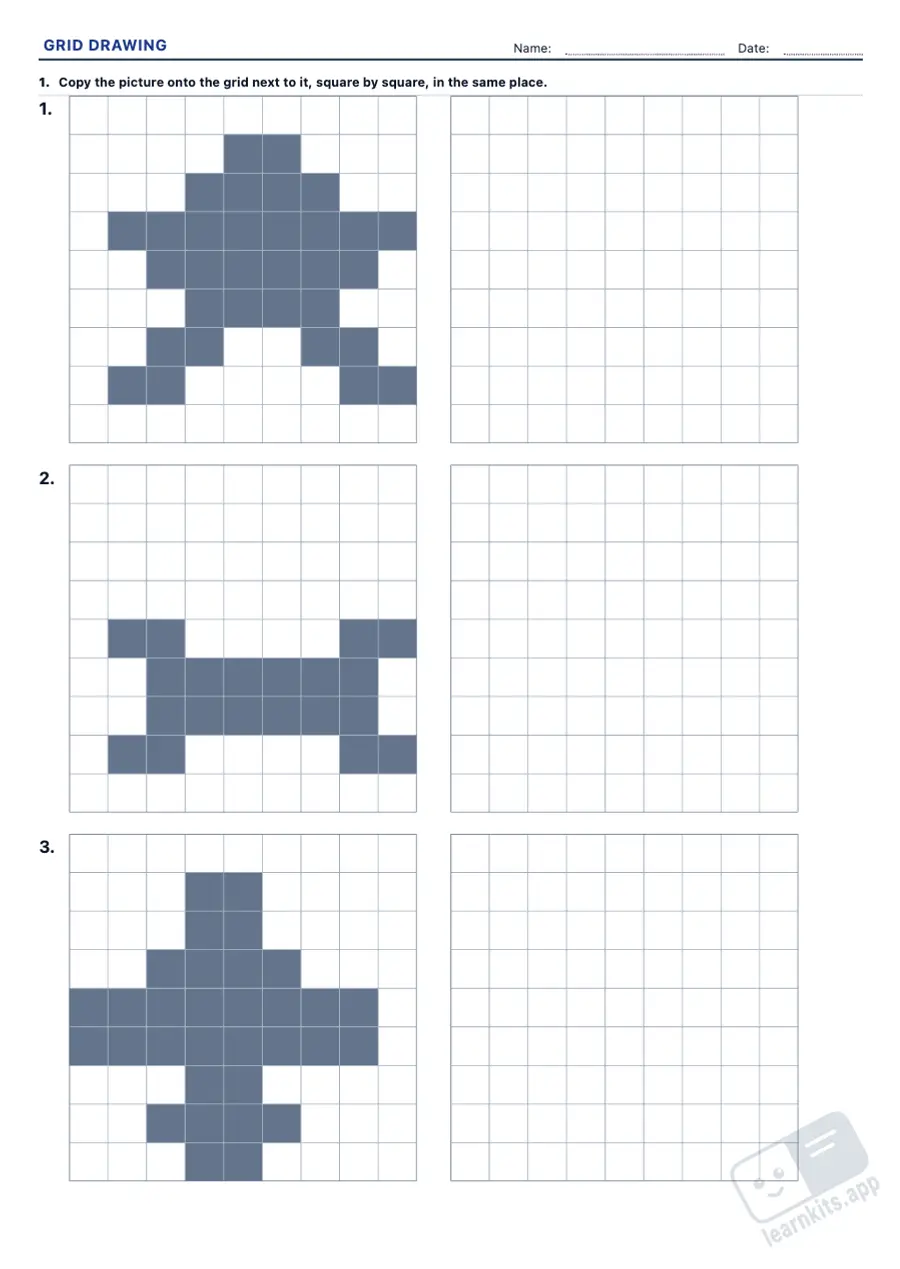 Grid Drawing Worksheet Generator: sample printable A4 worksheet, first page of the student sheet