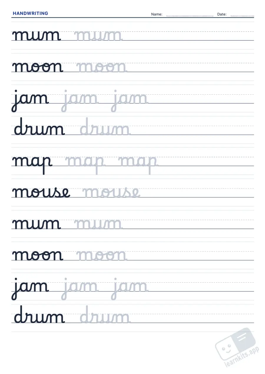 Handwriting worksheets to print: cursive and print letters: sample printable A4 worksheet, first page of the student sheet