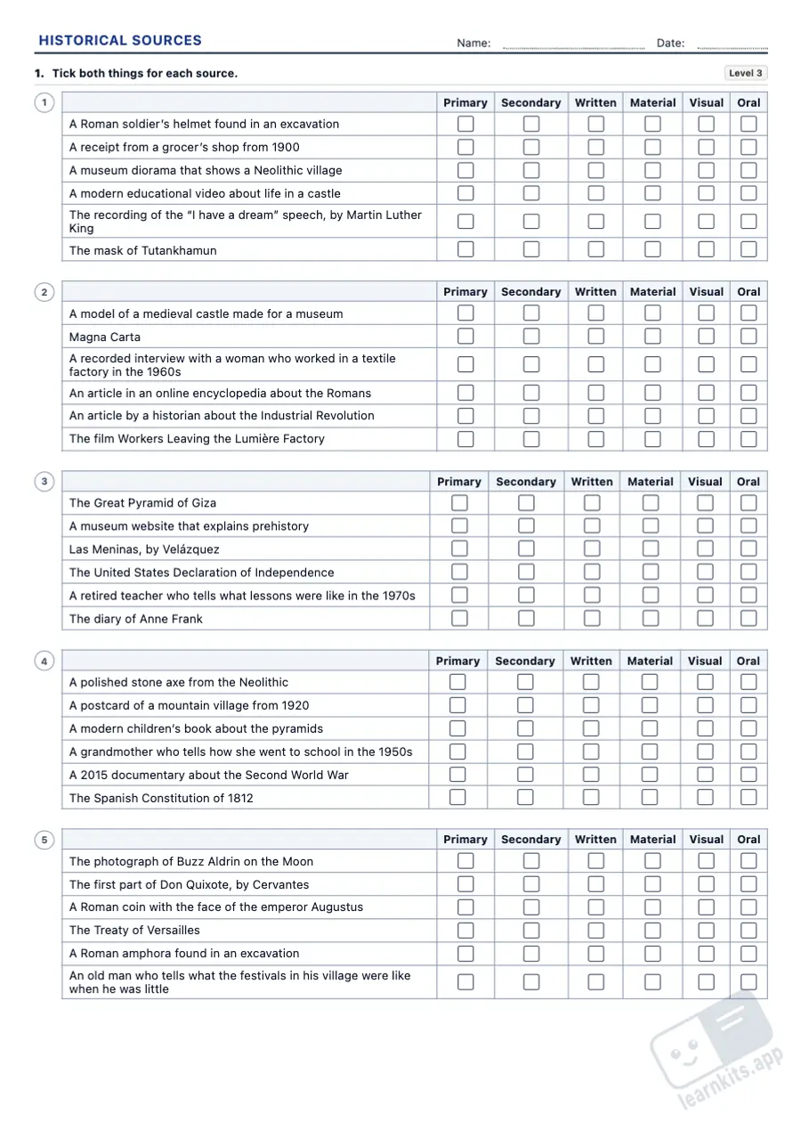 Historical Sources Worksheets: sample printable A4 worksheet, first page of the student sheet