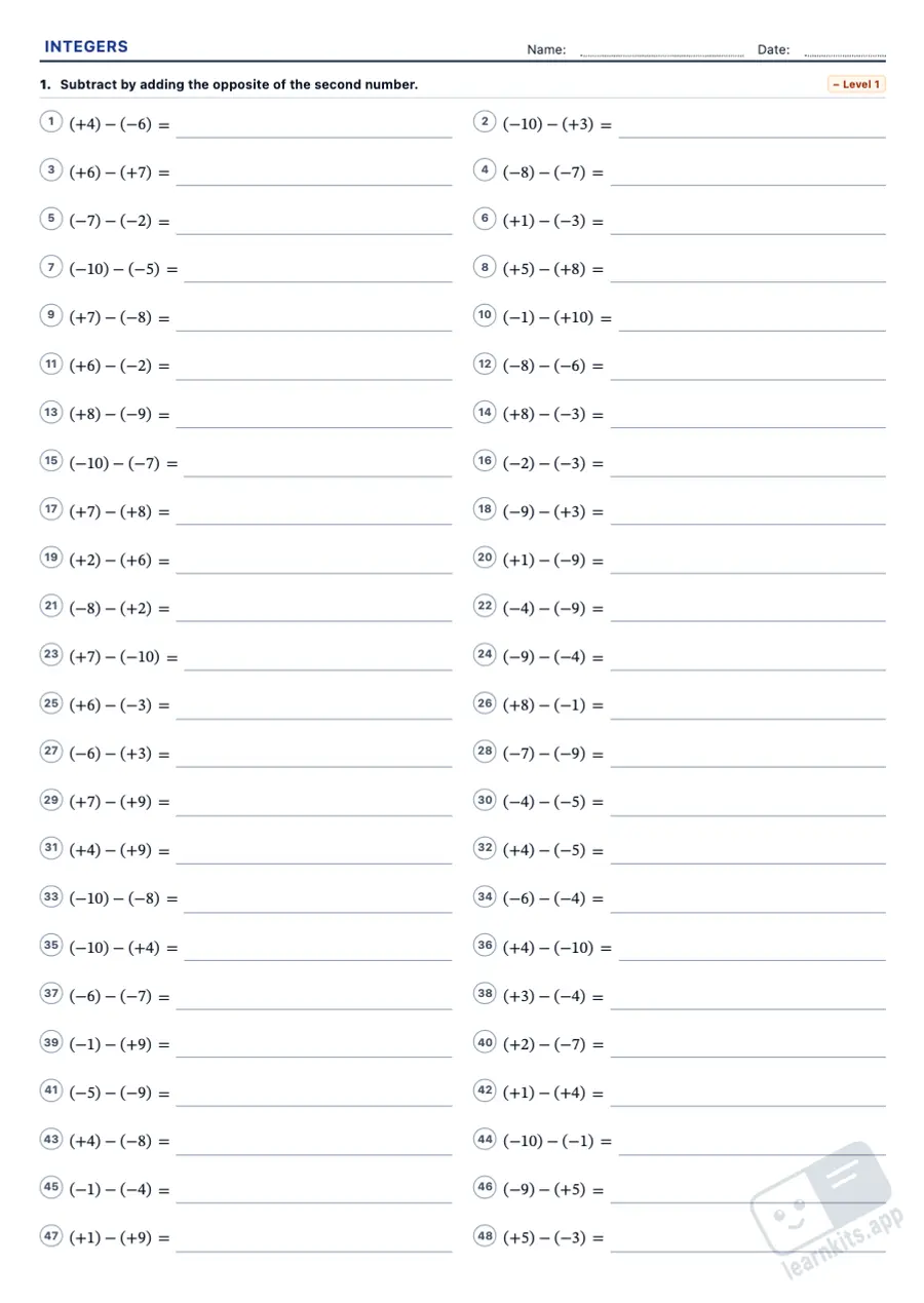 Integer Operations Worksheet Generator: sample printable A4 worksheet, first page of the student sheet