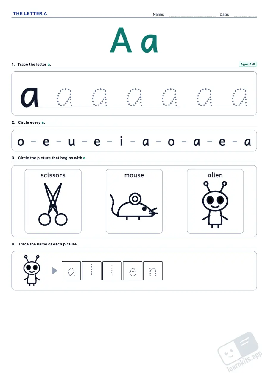 Letter of the Week Worksheets: sample printable A4 worksheet, first page of the student sheet