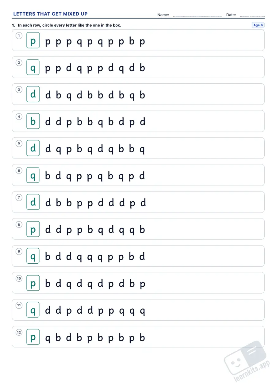 Letter reversal worksheets: b, d, p and q: sample printable A4 worksheet, first page of the student sheet