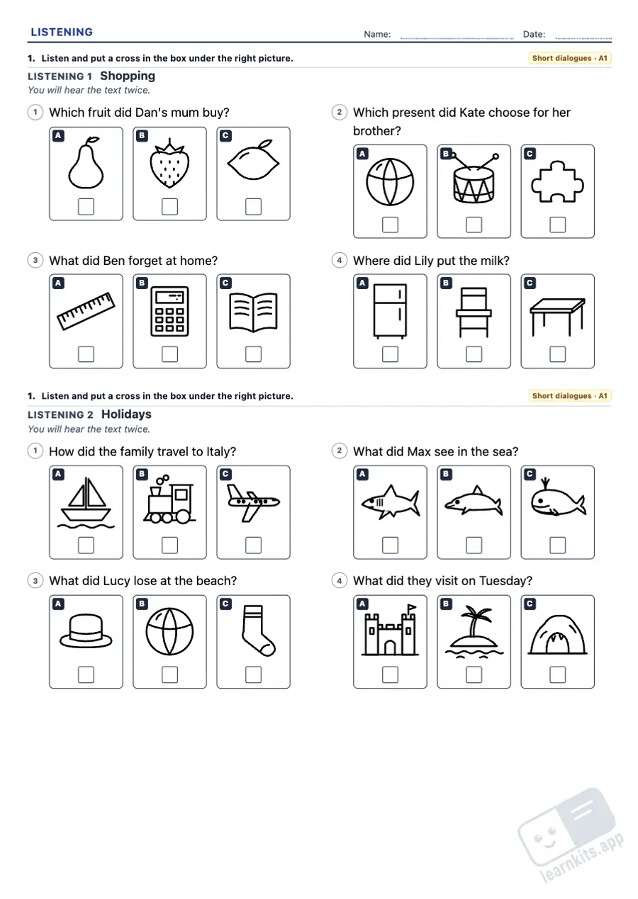 Printable ESL listening worksheets: sample printable A4 worksheet, first page of the student sheet