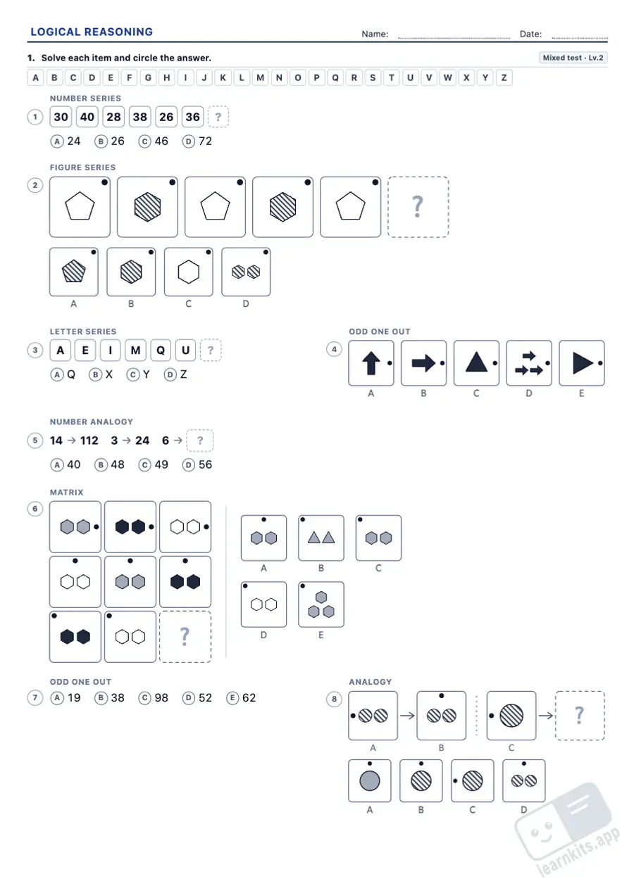 Logical reasoning worksheets: sample printable A4 worksheet, first page of the student sheet