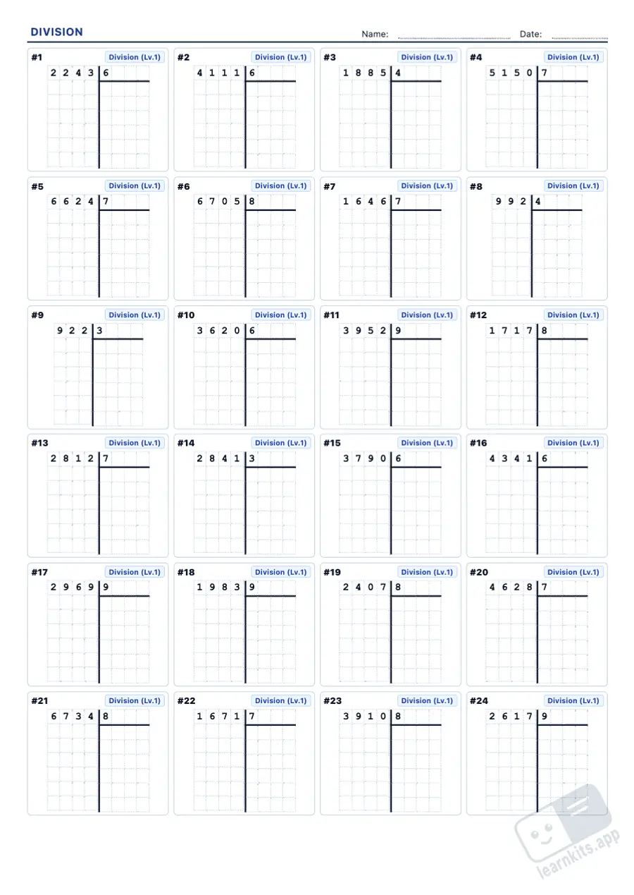 Long division worksheets with answer key: sample printable A4 worksheet, first page of the student sheet