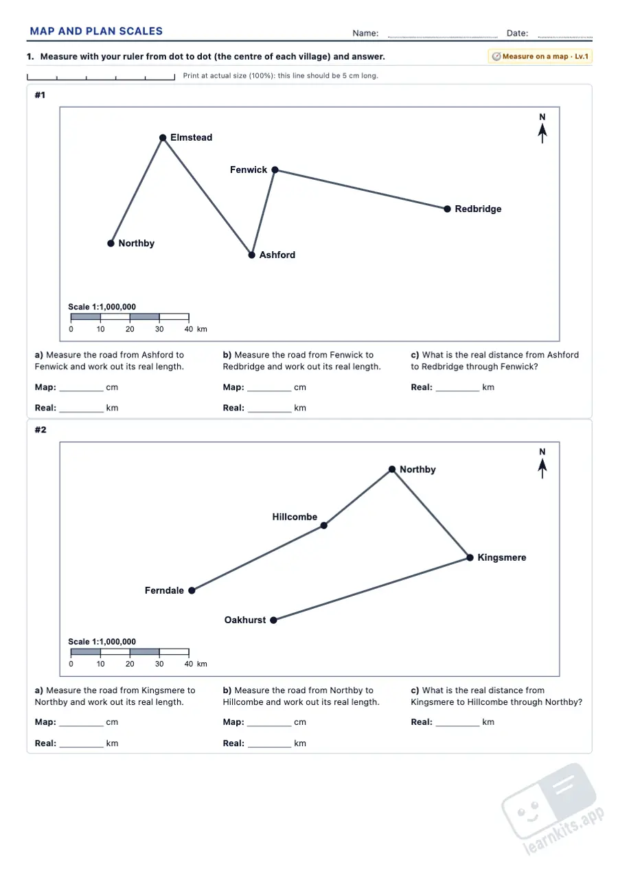 Map and Plan Scale Worksheet Generator: sample printable A4 worksheet, first page of the student sheet