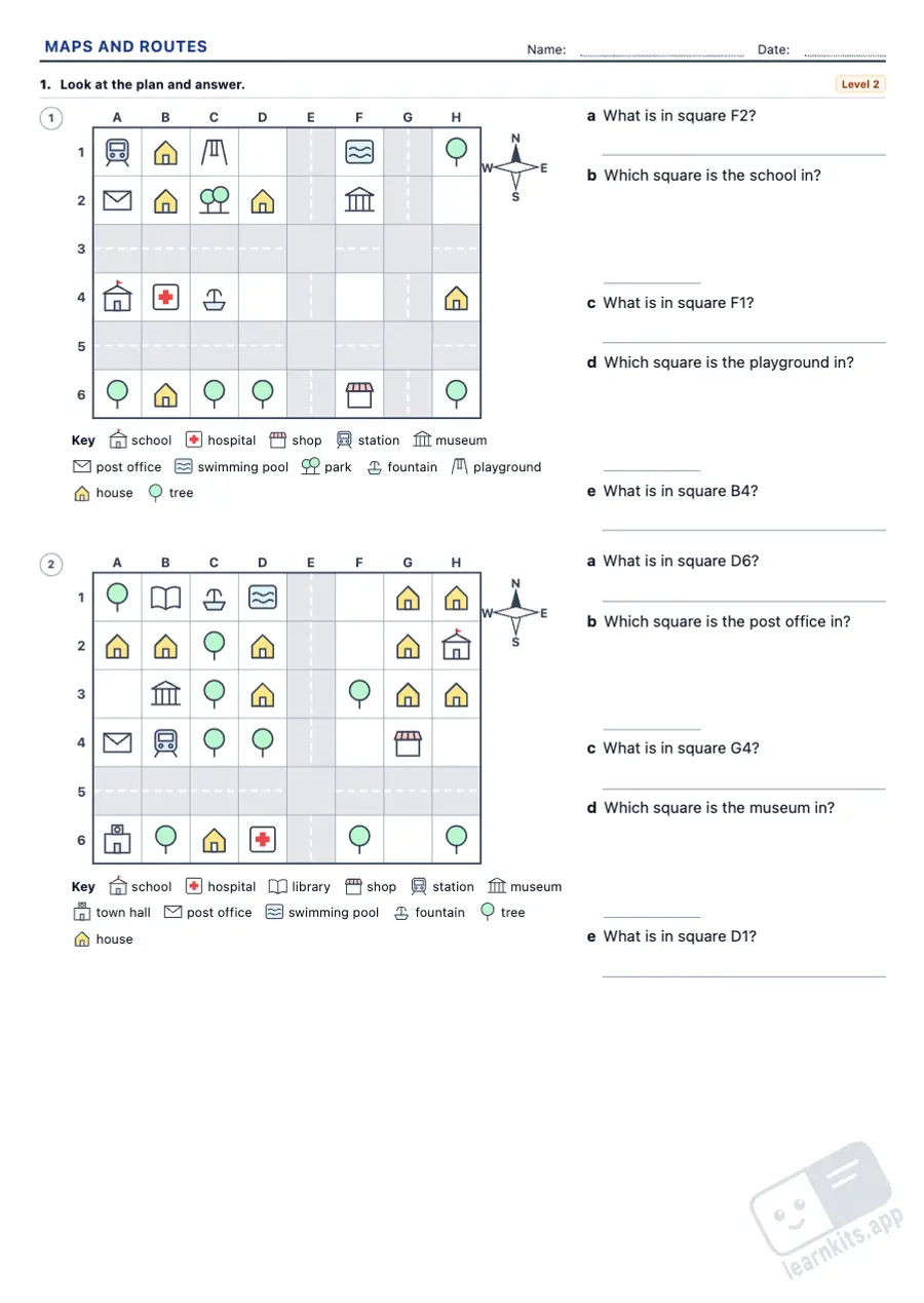 Map Skills Worksheets: Compass Directions and Routes: sample printable A4 worksheet, first page of the student sheet