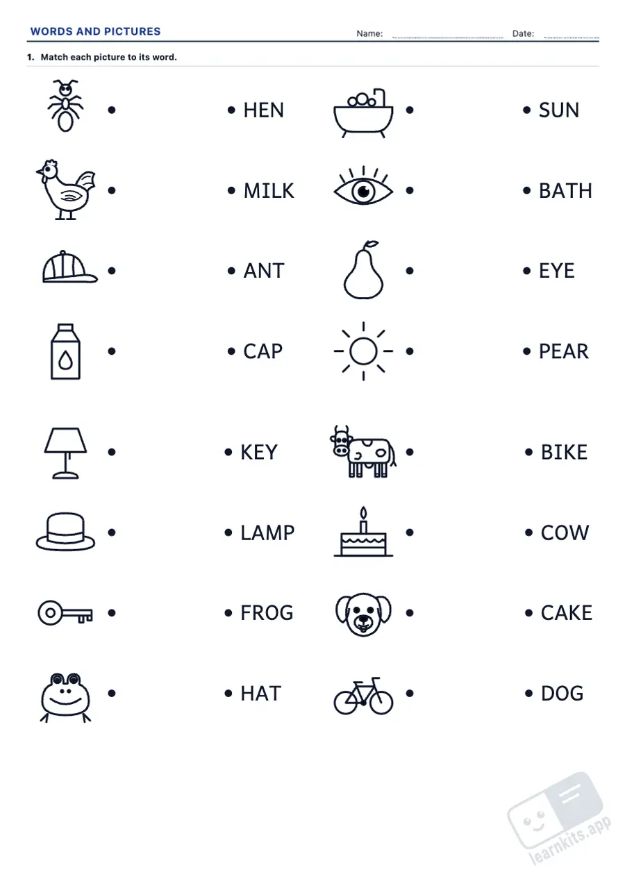 Word and Picture Matching Worksheet Generator: sample printable A4 worksheet, first page of the student sheet