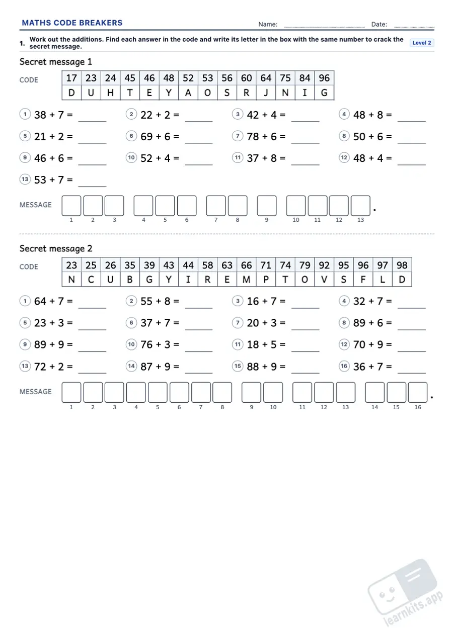 Maths Code Breaker Worksheet Generator: sample printable A4 worksheet, first page of the student sheet
