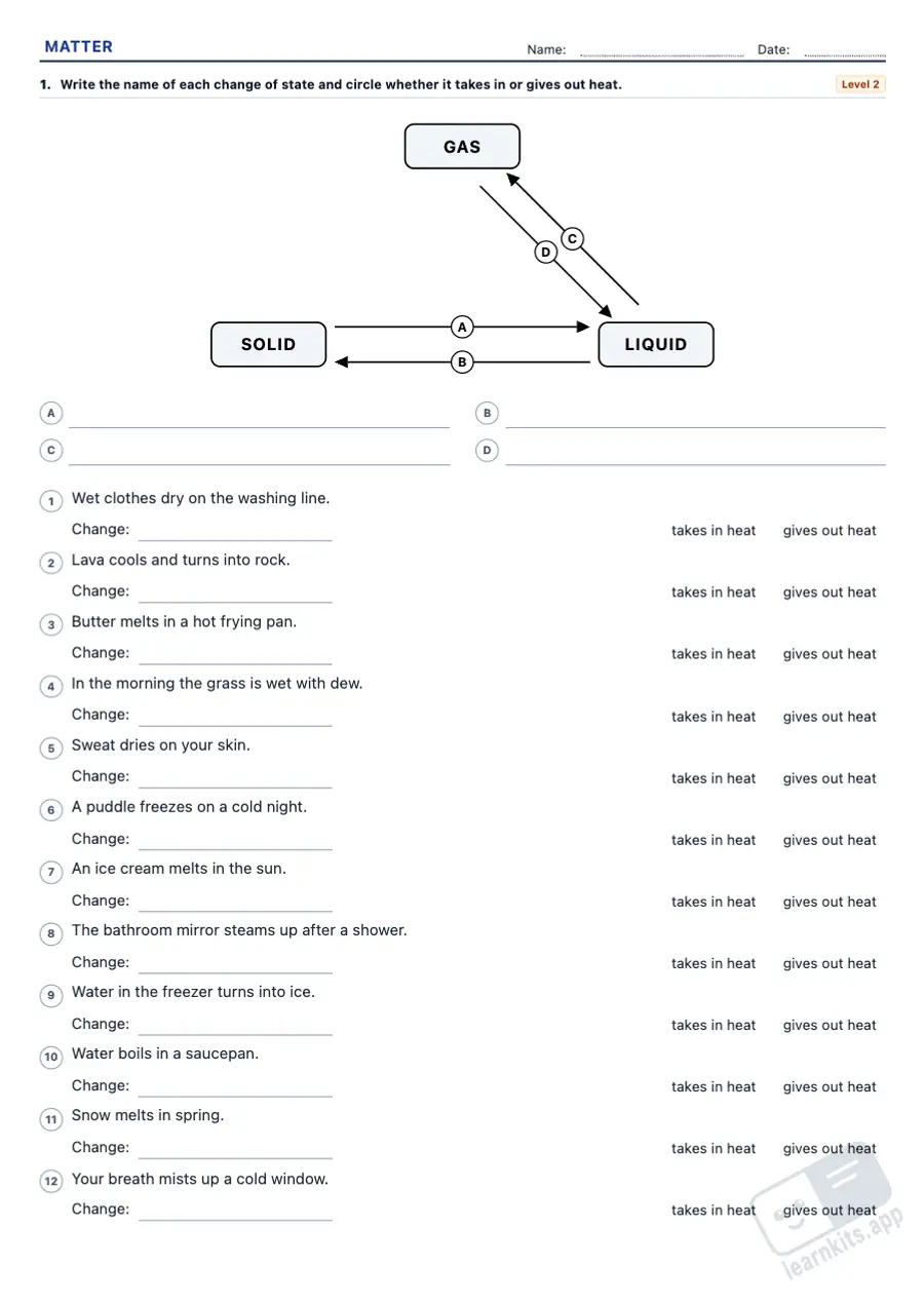 States of matter and mixtures worksheets to print: sample printable A4 worksheet, first page of the student sheet