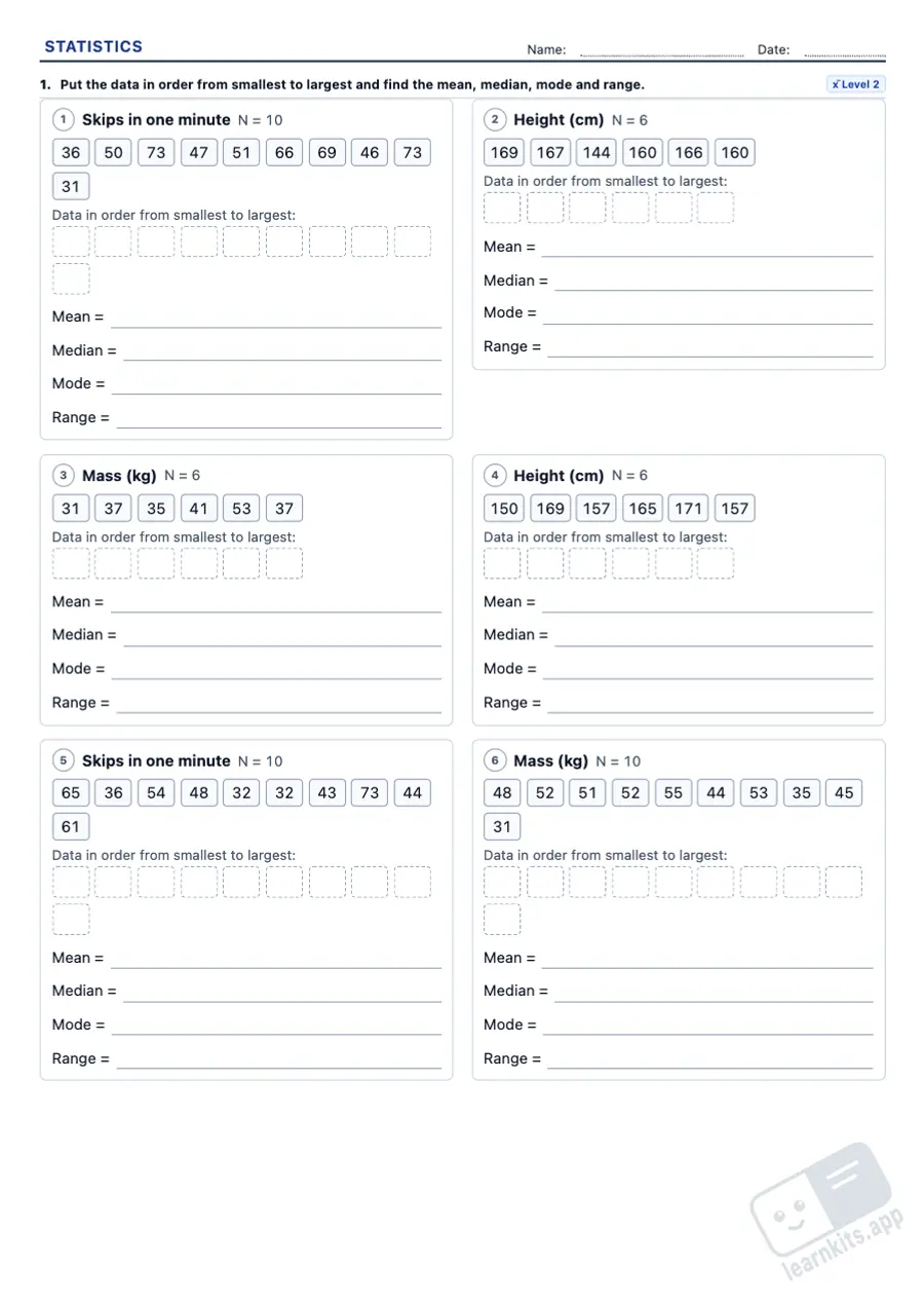 Mean, Median and Mode Worksheet Generator: sample printable A4 worksheet, first page of the student sheet