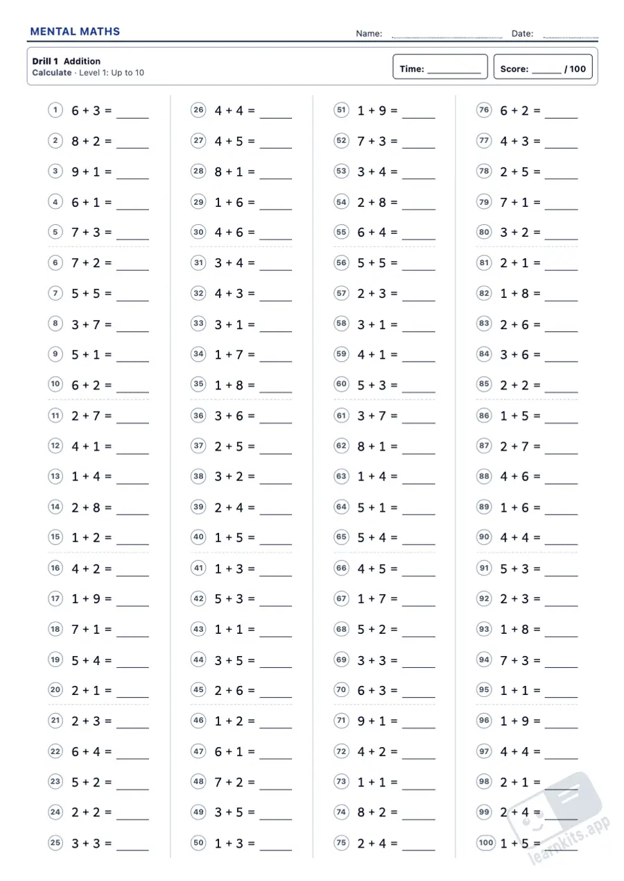Mental maths worksheets: printable drills with answer key: sample printable A4 worksheet, first page of the student sheet