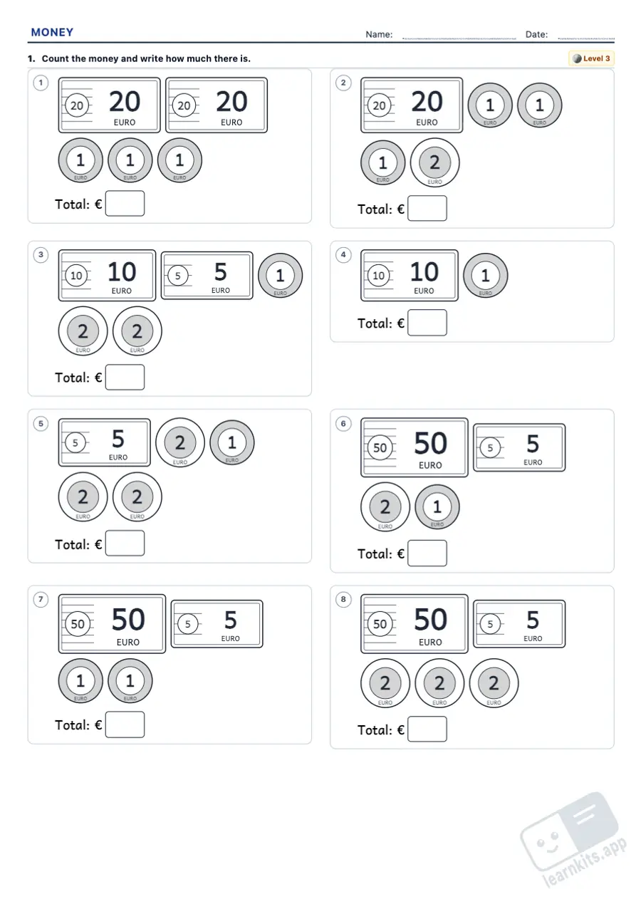 Money Worksheet Generator with Euros: sample printable A4 worksheet, first page of the student sheet