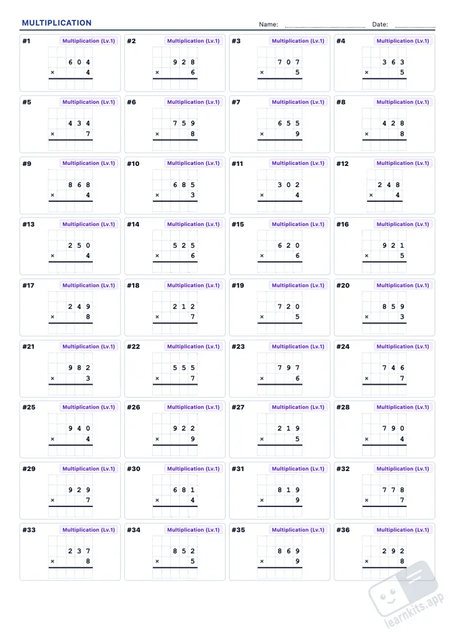Long multiplication worksheets with answer key: sample printable A4 worksheet, first page of the student sheet