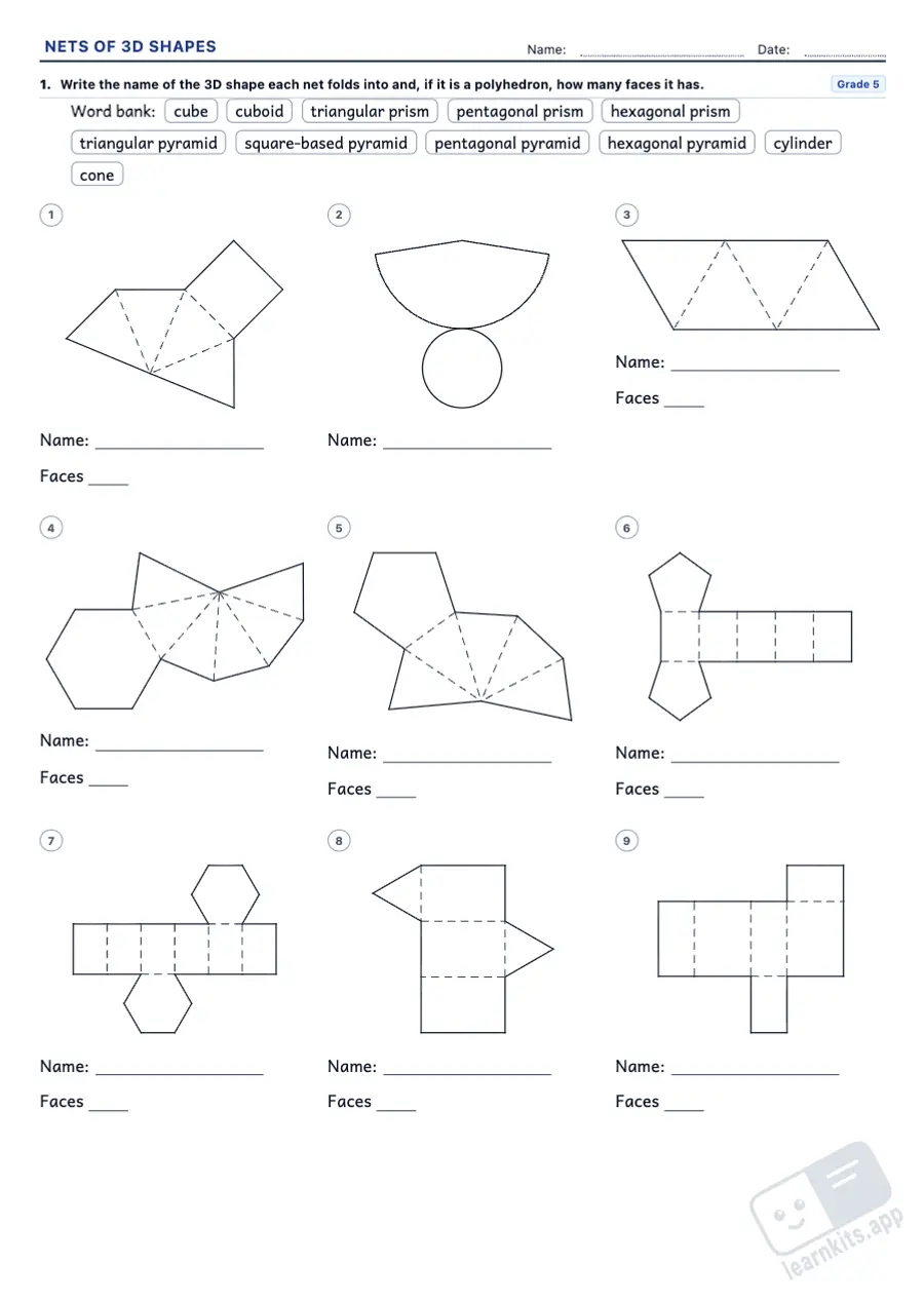 Nets of 3D Shapes Worksheet Generator: sample printable A4 worksheet, first page of the student sheet