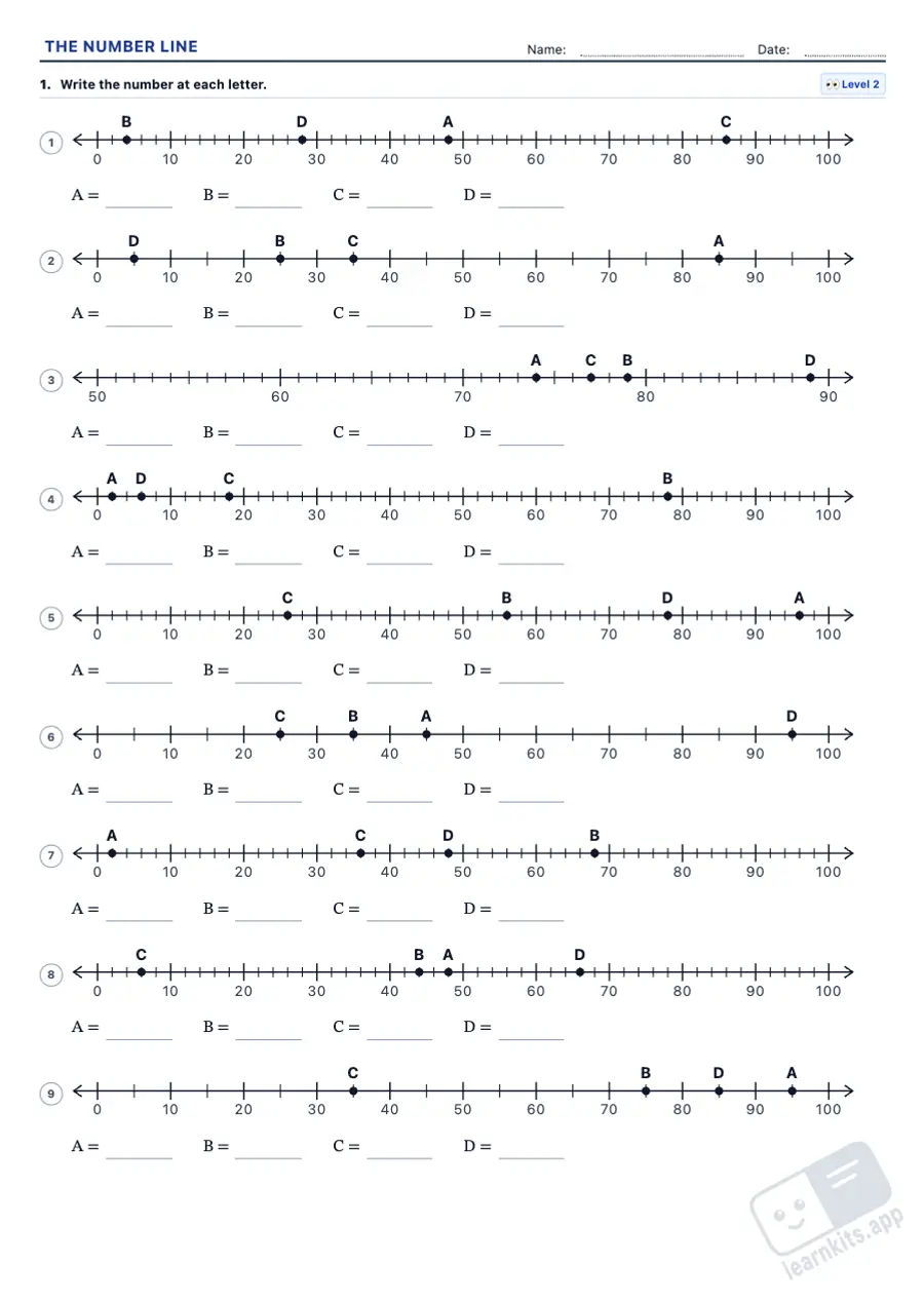 Number Line Worksheet Generator: sample printable A4 worksheet, first page of the student sheet
