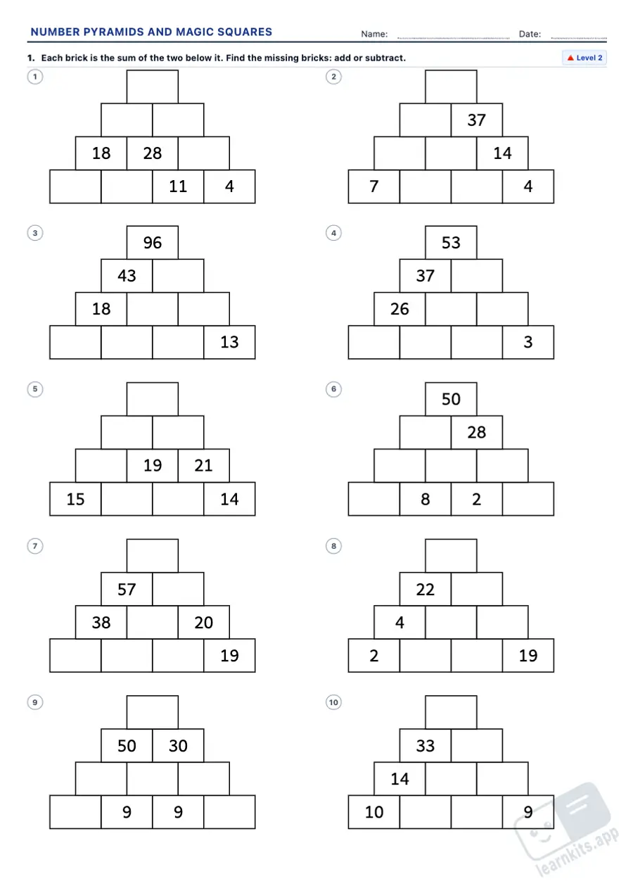 Number Pyramids and Magic Squares Worksheet Generator: sample printable A4 worksheet, first page of the student sheet