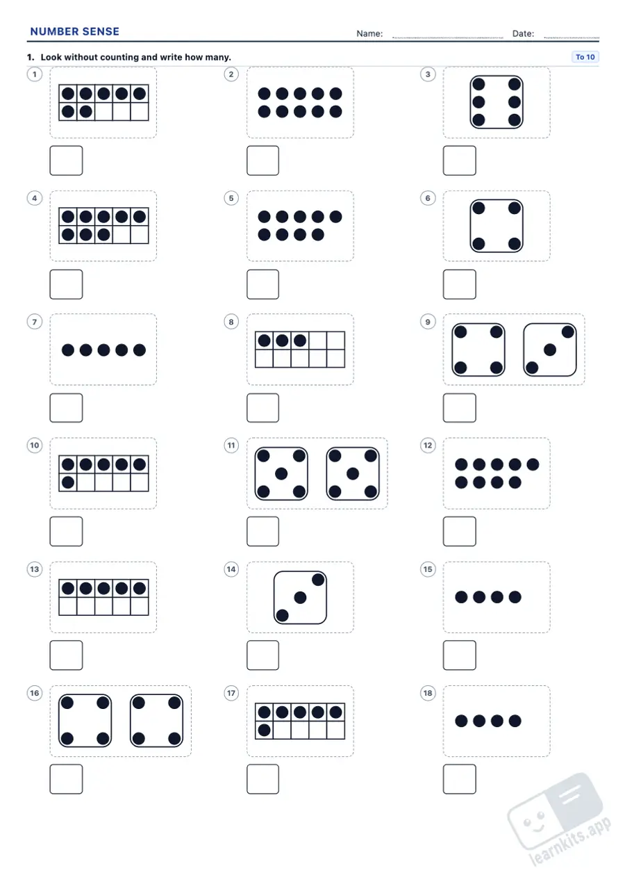Number sense worksheets: sample printable A4 worksheet, first page of the student sheet
