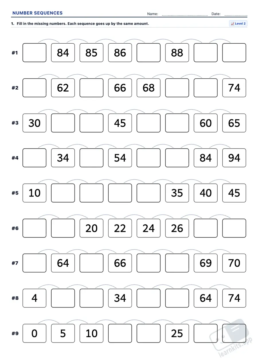 Number Sequences Worksheet Generator: sample printable A4 worksheet, first page of the student sheet