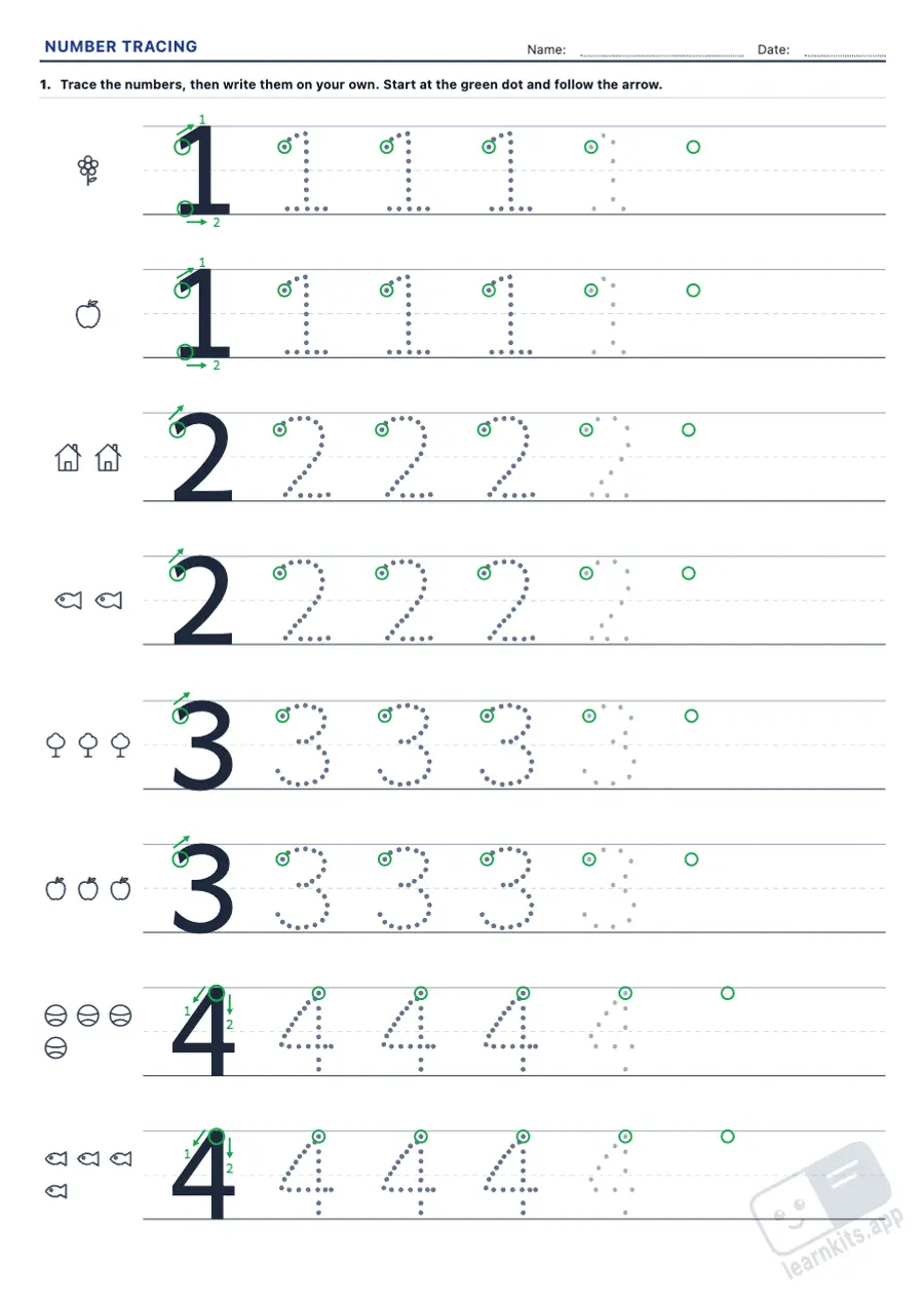 Number Tracing Worksheet Generator: sample printable A4 worksheet, first page of the student sheet