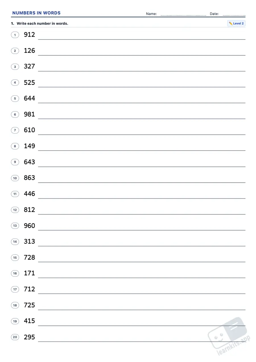 Numbers in Words Worksheet Generator: sample printable A4 worksheet, first page of the student sheet