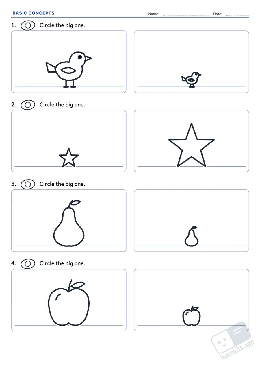 Printable basic concepts and opposites worksheets: sample printable A4 worksheet, first page of the student sheet