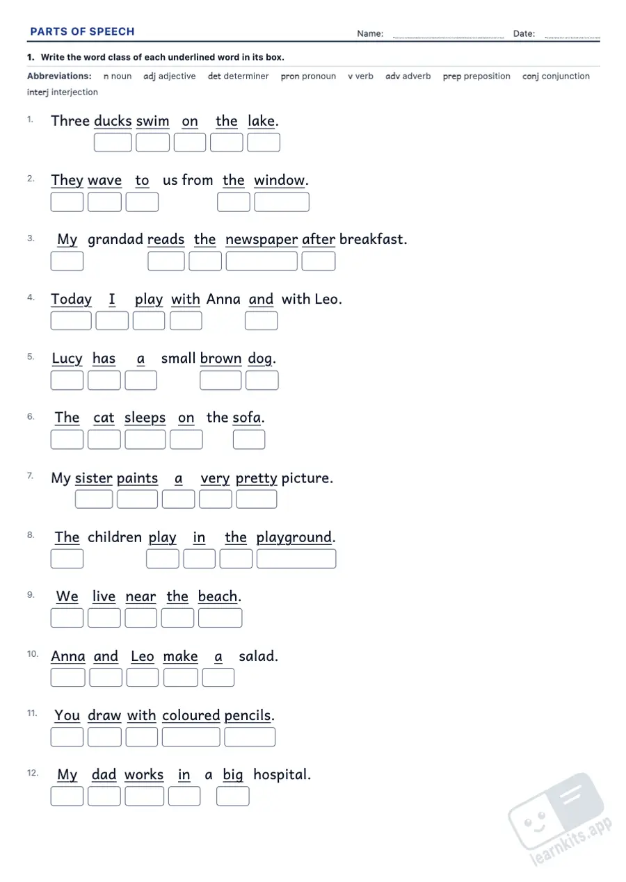 Parts of Speech Worksheet Generator: sample printable A4 worksheet, first page of the student sheet