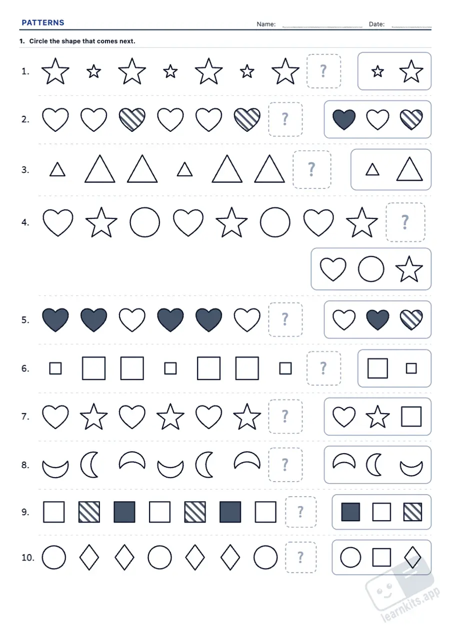 Patterns Worksheet Generator: sample printable A4 worksheet, first page of the student sheet