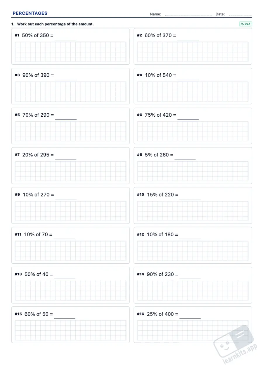 Percentage Worksheet Generator: sample printable A4 worksheet, first page of the student sheet