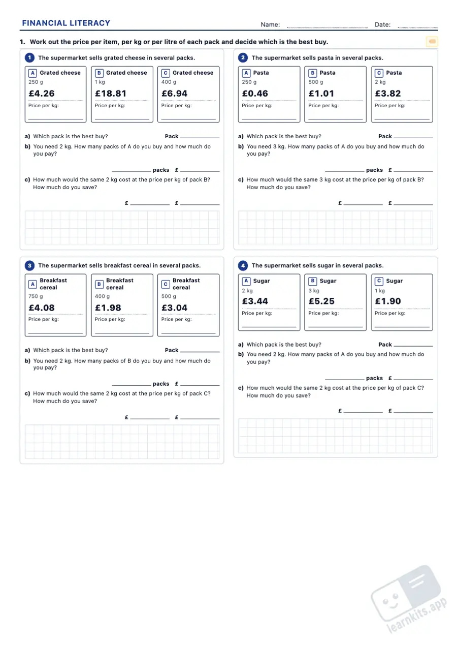 Financial Literacy Worksheet Generator: sample printable A4 worksheet, first page of the student sheet