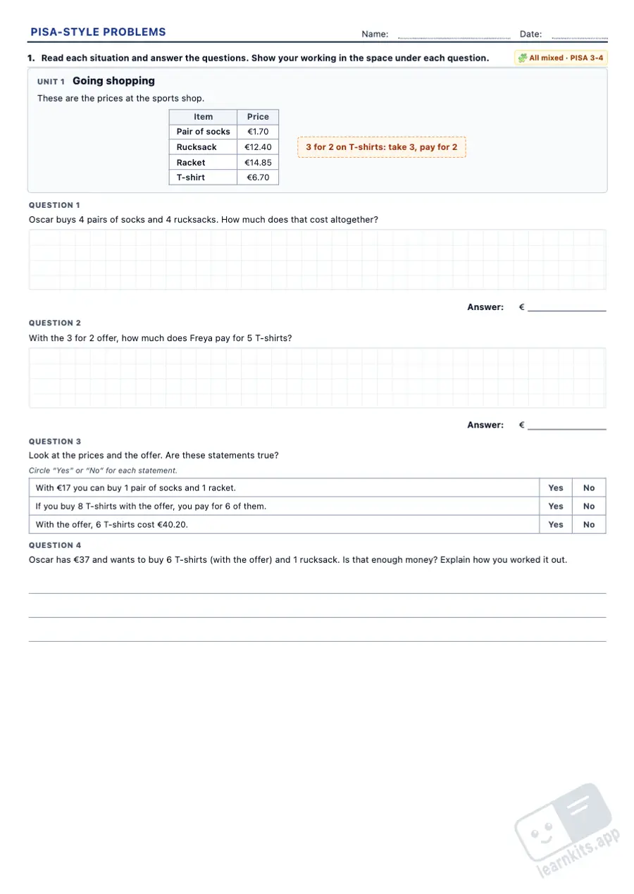 PISA-Style Math Problems Worksheet Generator: sample printable A4 worksheet, first page of the student sheet