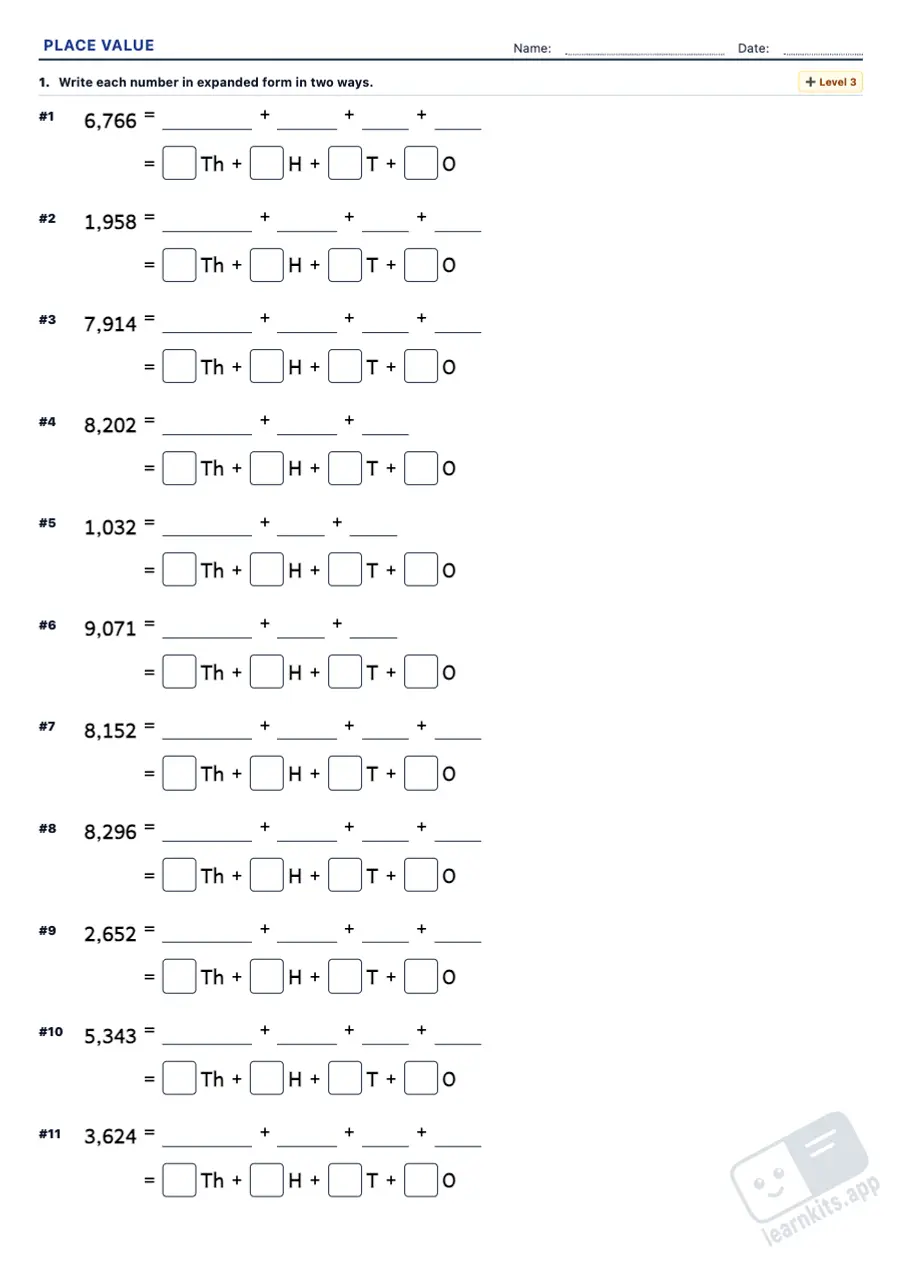 Place Value Worksheet Generator: sample printable A4 worksheet, first page of the student sheet