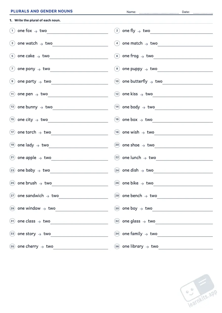Plural and Gender Nouns Worksheet Generator: sample printable A4 worksheet, first page of the student sheet