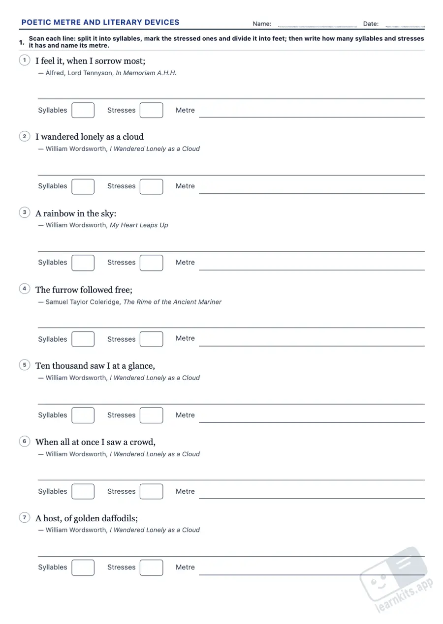 Poetic Metre and Literary Devices Worksheet Generator: sample printable A4 worksheet, first page of the student sheet