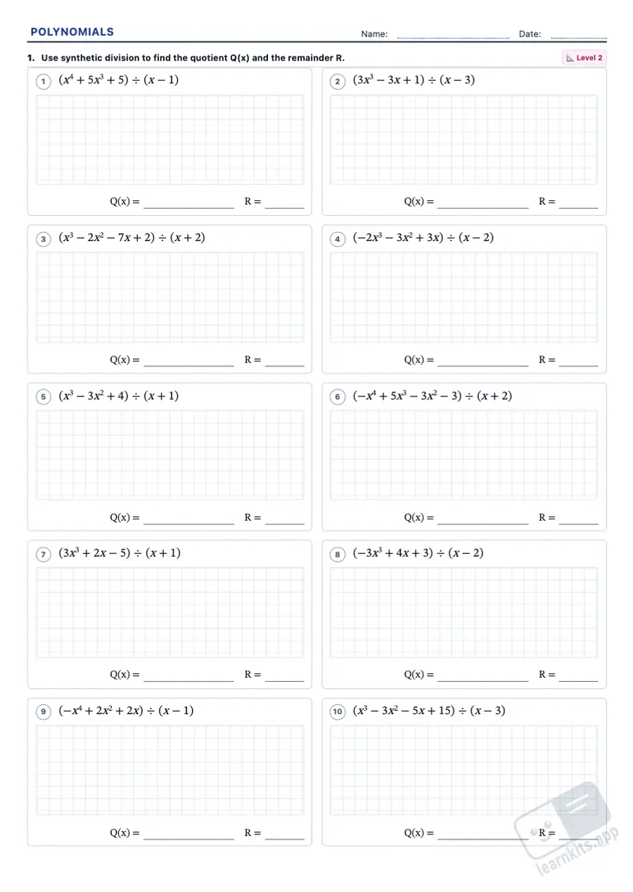 Polynomials Worksheet Generator: sample printable A4 worksheet, first page of the student sheet